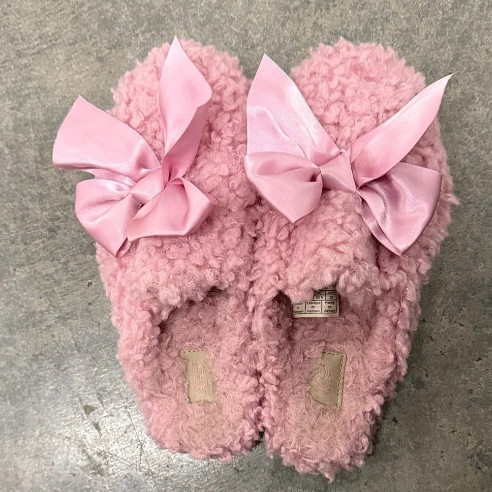 UGG Pink Plush Slippers with Bow